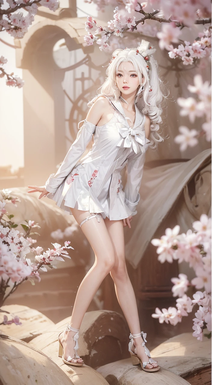((Styled white hair:1.5))(A shrine maiden dressed in beautiful shrine maiden clothes:1.3), Symmetric, (highest quality, Realistic:1.4, RAW Photos:1.2, Cinematic Light, Highly detailed illustration), (1woman:1.3, alone), (Asian 25 year old girl, Very delicate face, Super beautiful face, Very delicate eyes, Highly detailed nose, Very sophisticated mouth, Highly detailed facial features, 輝くskin、Exposing shoulders), woman, (large breasts), skin, Lip gloss, Laughter, Full Body View, High resolution, High resolution, 8k, Masterpiece 2:1,( Shrines in Kyoto、cherry tree,Scattering cherry blossoms)cleavage cutout,ruanyi0007、CuteGirl