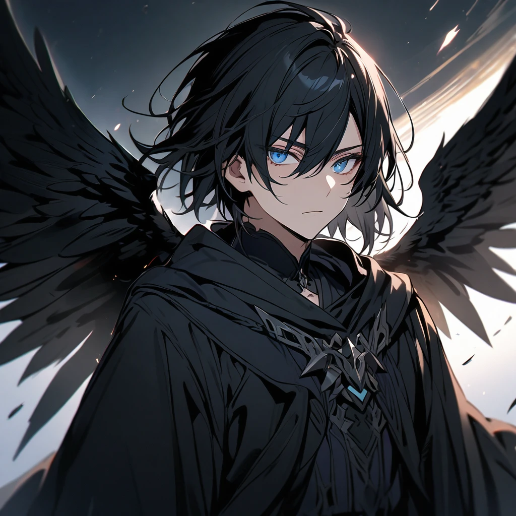 male, blue eyes, black hair, black wings, black robe