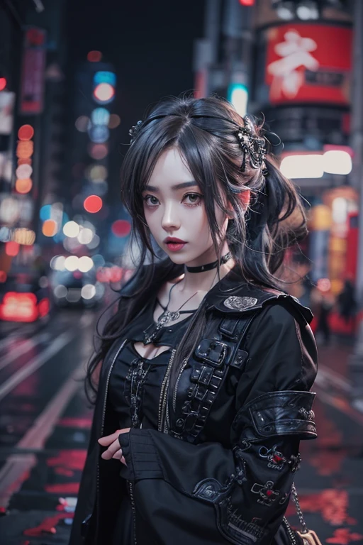 Highest quality、、masterpiece:1.3、Gothic Punk、Red on the inside、Gray Black Hair、hair ornaments、beautiful girl、creative、Punk Shirt、Neogoth、Goth Fashion:1.2、High resolution、masterpiece、Highest quality、頭w:1.3、((Hasselblad Photos))、Fine skin、Sharp focus、(Cinema Lighting)、Explore Tokyo'The city at night beyond the neon lights, Forehead open, 、Petting'Hair back、Shoulder Bare、Small red rose tattoo on the décolletage、Just one tattoo