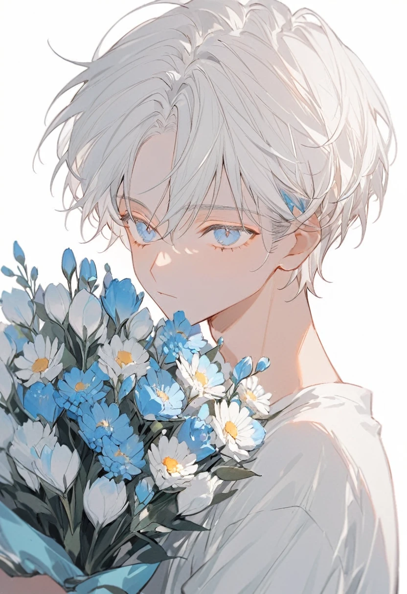 Soft lines、boy、White Hair、short hair、((((Hold Light Blue Bouquet))))、💐💐💐💐💐💐💐💐💐💐💐、Upper Body、whiteＴshirt、White Background、front、look at me