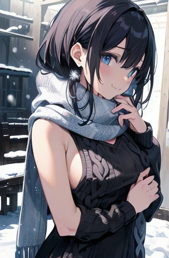 (masterpiece, Highest quality:1.3),beautiful detailed glow,Best lighting,(((Highest quality,Fabric Shading,ultra detailed))),extremely detailed CG unity 8k wallpaper,非常にdetailedで美しく、beautiful,The best light,High resolution,detailed,Dynamic Lighting,
One girl, alone,Large Breasts,
a girl with long hair and a scarf around her neck in the snow, Official Art, Are standing, smile, winter, snow, snowing, View your viewers,(Cold breath:1.4),
Long black hair,
From above,
(Wearing a jumper_dress:1.5),