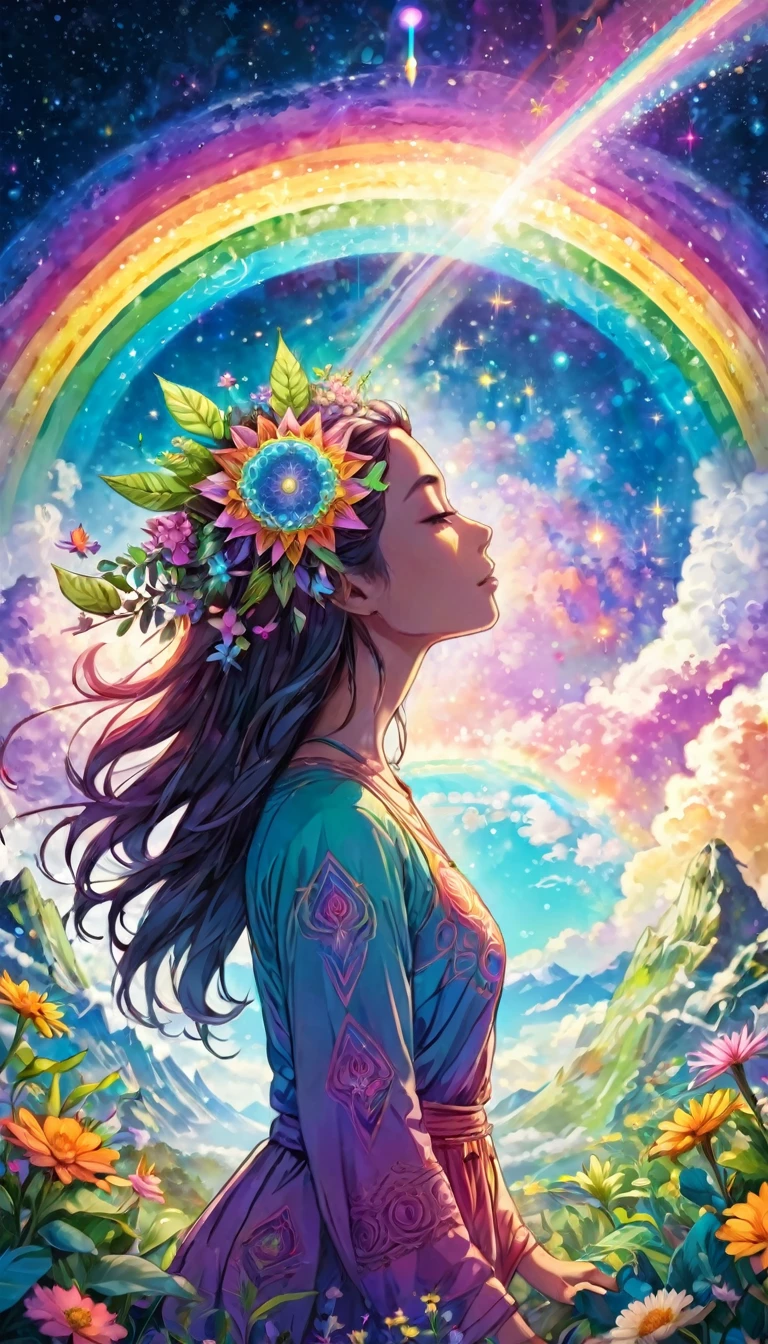 yoga on the earth, The top of her head is connected to cosmic energy, chakra, mandala, above the earth, mystical world, plants, shooting stars, pastel rainbow colors Light of