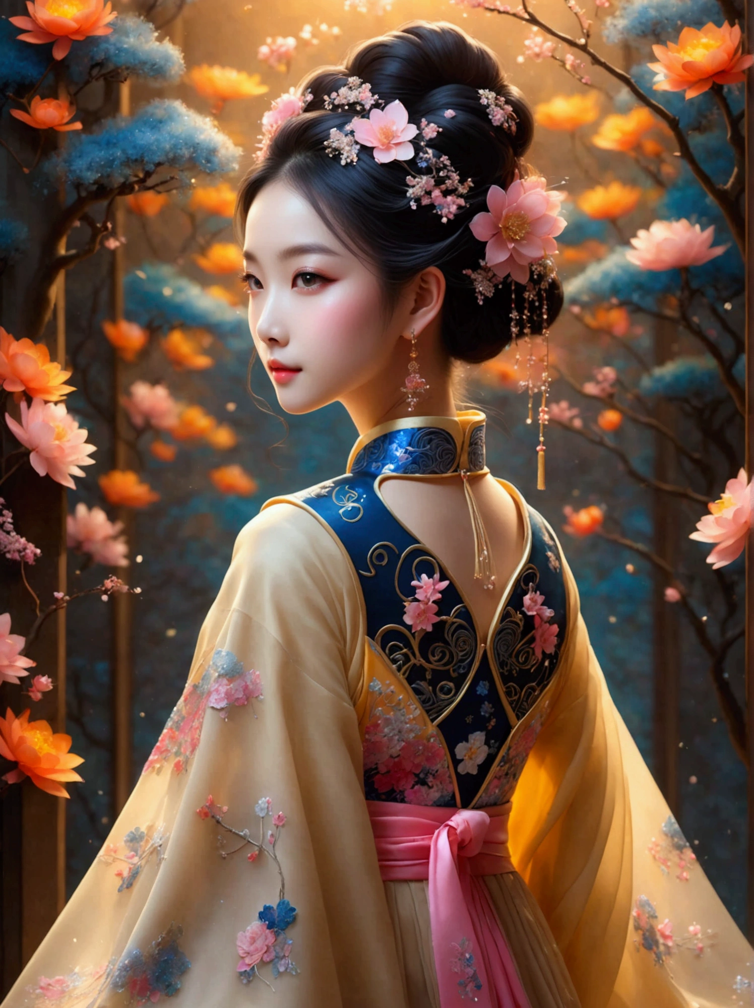 by Julien Arnal,Abstract Pictorial,Cartoon illustration,Sequins,Ambilight,Healing gouache,Starry Sky,Dark night shimmer,Youth Manga,Bright tones,gorgeous,Beautiful illustrations,Morandi color tone,Beautiful model catwalk,Performing dance steps。Wearing Ming Dynasty Hanfu,玫瑰Long skirt,Princess dress,gorgeous复古宫廷风格连衣裙,Long skirt,超Long skirt,- Wide hem,Long skirt下摆接近地面,The style is a high-end dress from the Hanfu Fashion Week,Haute couture,Private custom,Fashion show model,Big show,Tulle accessories on skirt。Necklace on the neck,short hair,Hair up,Headdress,big eyes,It's beautiful,((There was only one female model on the catwalk)),Men and women make up a large part of,The runway is covered with flowers,Background covered with flowers,Female model with a smile on her face,Standing,Elegant and dignified posture,8k,Ultra HD,masterpiece,precise,Textured Skin,High Detail,Best quality,Awards,Long Shot,Sense of distance,(Vector illustration:1.5)