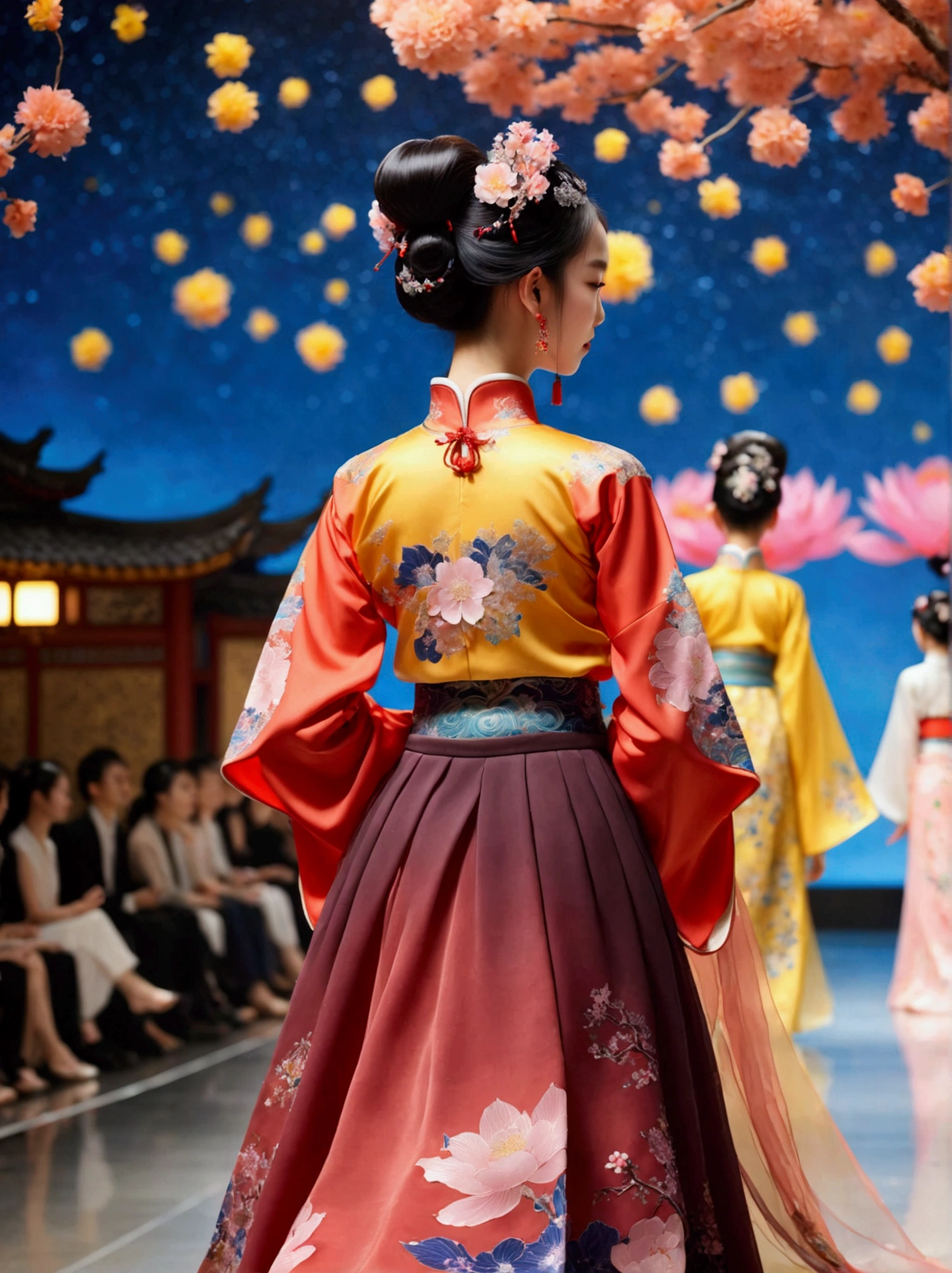 by Julien Arnal,Abstract Pictorial,Cartoon illustration,Sequins,Ambilight,Healing gouache,Starry Sky,Dark night shimmer,Youth Manga,Bright tones,gorgeous,Beautiful illustrations,Morandi color tone,Beautiful model catwalk,Performing dance steps。Wearing Ming Dynasty Hanfu,玫瑰Long skirt,Princess dress,gorgeous复古宫廷风格连衣裙,Long skirt,超Long skirt,- Wide hem,Long skirt下摆接近地面,The style is a high-end dress from the Hanfu Fashion Week,Haute couture,Private custom,Fashion show model,Big show,Tulle accessories on skirt。Necklace on the neck,short hair,Hair up,Headdress,big eyes,It's beautiful,((There was only one female model on the catwalk)),Men and women make up a large part of,The runway is covered with flowers,Background covered with flowers,Female model with a smile on her face,Standing,Elegant and dignified posture,8k,Ultra HD,masterpiece,precise,Textured Skin,High Detail,Best quality,Awards,Long Shot,Sense of distance,(Vector illustration:1.5)