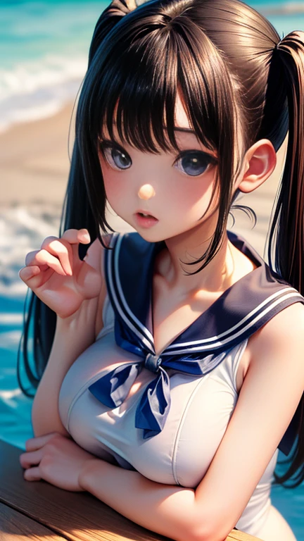Soft tone photos、(Burstingly Big Breasts:1.3)、((masterpiece, 最high quality, 8k, One Girl, Blowjob Pose、penis))、high quality、masterpiece、Ultra-high resolution、beautiful girl、beautiful girl顔、Cute girl face、Wear a sailor suit、School Swimsuit、、Twin tails