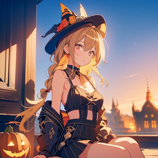 and 8K、Highest quality、masterpiece、Ultra Detailed、Ultra-high resolution、Kagamine Rin 、Halloween、Witch Hat、A blonde、Braided Hair、Black skirt、Bare shoulders、Bust neckline、cosmetic、Eyeshadow、A bracelet、Medieval city、Sitting on the roof、Black Cat