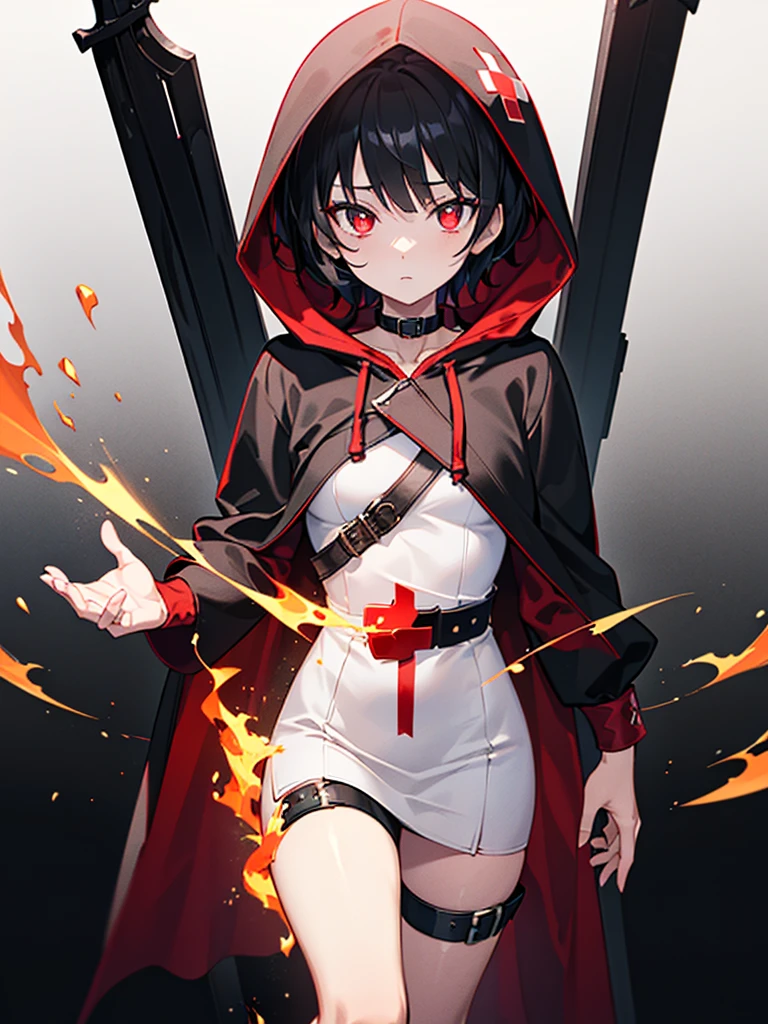 (masterpiece,Best quality,Anime style,Sense of atmosphere,CG Rendering,4K,Ray Tracing,religion,Fantasy Art)(Black Hair,short hair,Adults,Red cross pupil,Cold Eyes,Black and red texture,Black Belted Hooded Robe,Black and red sword)(Solo)(Simple background)