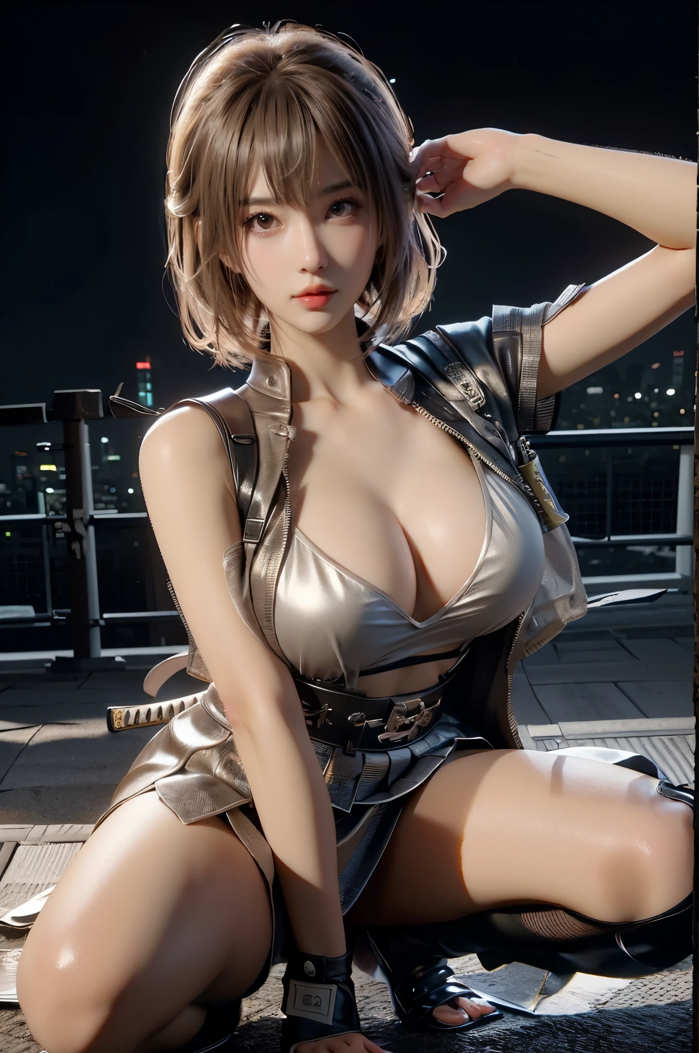1girl,Tokyo Street,night,view of the ancient city of Japan,face details,hand details,city lights,half body view,,(((big breaAW photos,best quality,masterpiece,realistic,photos -realistic,best quality,masterpiece, very high resolution), 8K, 1girl, ((ninja suit)), from below, (((samurai detail:1,5))), natural skin texture, skin pores, texture natural skin, dynamic poses, film details,
