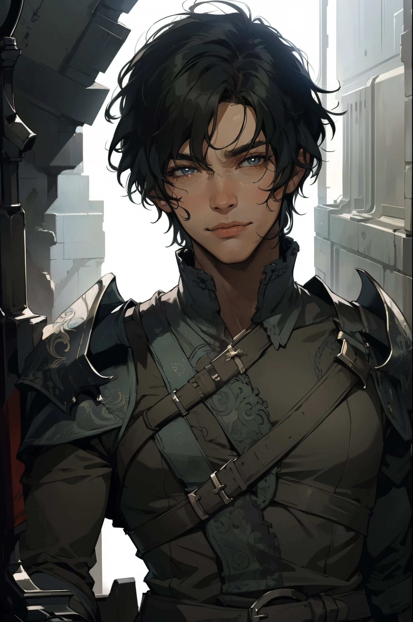 (absurdities, High Resolutions, ultra detailed, HDR), Masterpiece, The best quality, final fantasy xvi, clive rosfield, 1man only, handsome, short hair, black hair, vibrant blue eyes, fine eyes and detailed face, armor, ((Intricate weapon)), Sitting on the throne, legs open, affected smile, annoying.