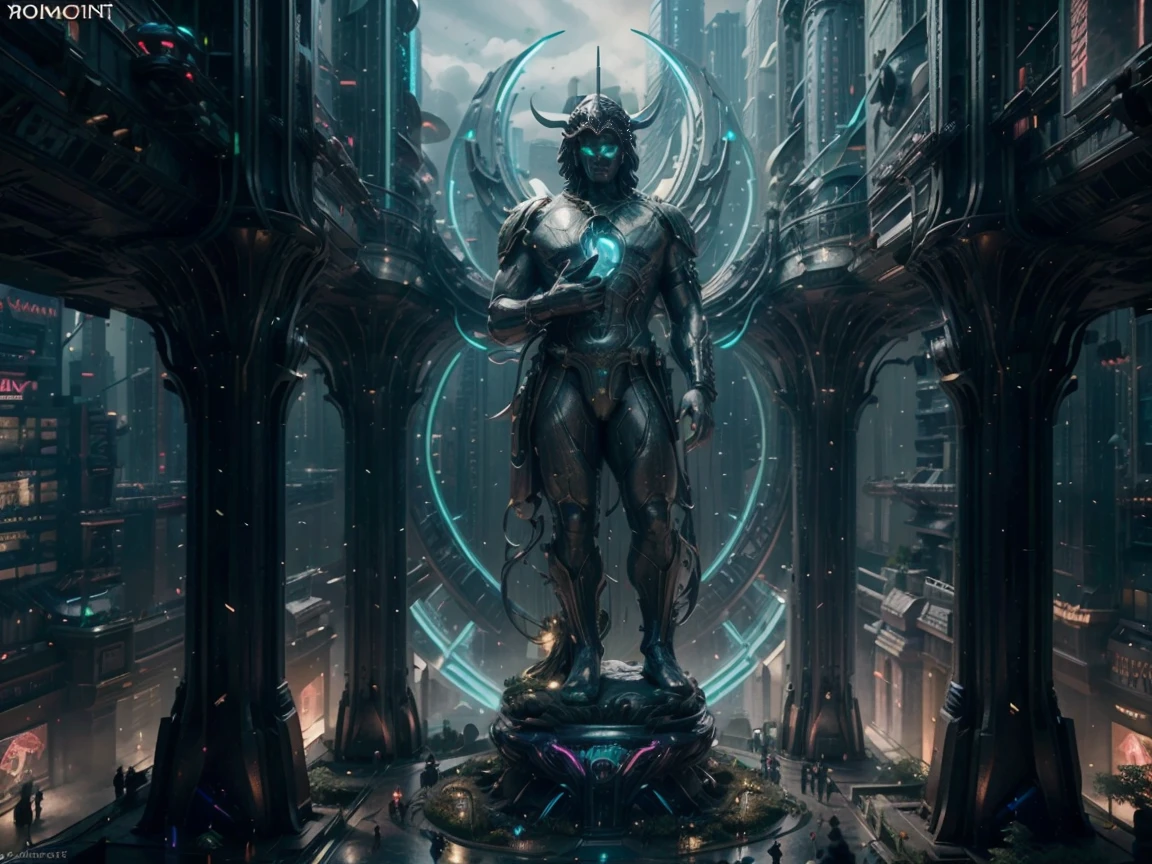 (Highest quality, Ultra HD, 16k, Masterpiece) A colossal statue of an Indian god stands majestically in the heart of a highly futuristic city, surrounded by towering high-rise buildings, flying cars, and vibrant bioluminescent lights. The statue, intricately designed with a blend of ancient and modern elements, depicts the deity in a serene and powerful pose. Neon lights and holographic projections add a surreal glow to the statue, highlighting its divine presence amidst the ultramodern environment.
The cityscape is a dazzling mix of sleek skyscrapers, each adorned with luminous advertisements and digital displays. Flying cars zip through the air, leaving trails of light behind them, creating a dynamic and bustling atmosphere. The streets below are lined with lush, exotic flowers, whose petals emit a soft, bioluminescent glow, adding a touch of nature's beauty to the urban setting.
The statue is surrounded by a lush garden oasis, a striking contrast to the metallic and glass structures that dominate the skyline. This green sanctuary is filled with diverse plant life, including bioluminescent flora that illuminates the night with a gentle, otherworldly light. The air is filled with a mix of futuristic sounds and the soft rustle of leaves, creating a harmonious blend of nature and technology.
Soft beams of light from the setting sun and the city's neon glow create a stunning interplay of colors and shadows, casting an ethereal ambiance over the scene. The overall composition captures the awe-inspiring fusion of ancient spirituality and cutting-edge innovation, evoking a sense of wonder and reverence for both the divine and the futuristic marvels of human achievement. This image portrays a breathtaking vision of a harmonious coexistence between tradition and progress in a vibrant, futuristic metropolis. ((((long shot))), (((drone shot))), ((((huge statue)))), (((colossal statue)))