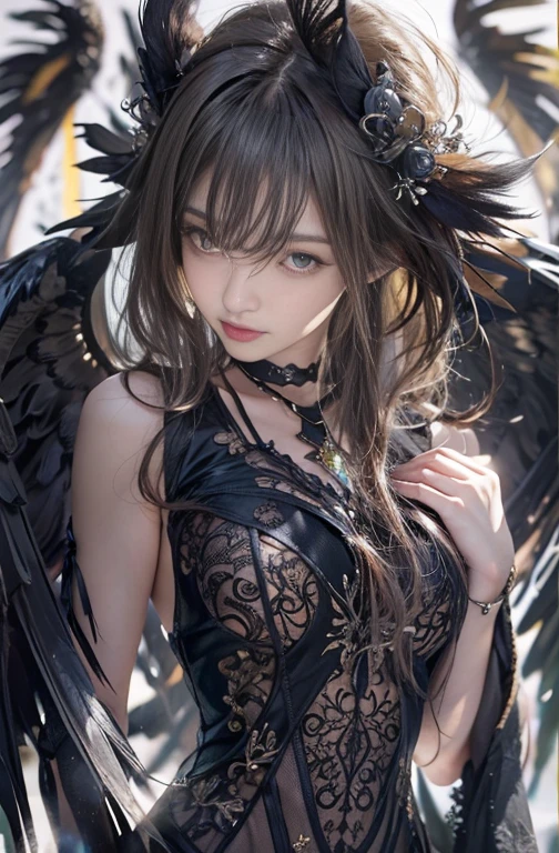 (masterpiece:1.3), (8k, Realistic, RAW Photos, Best image quality: 1.4), Fair-skinned fairy woman、blow long hair、Hair blowing in the wind、Cleavage:2.0、Highly detailed face、Attention to detail、double eyelid、Chest to chest、Sharp focus:1.2、Beautiful woman:1.4、 Brunette Hair、Highest quality、masterpiece、Ultra-high resolution、(Realistic:1.4)、Highly detailed and professionally lit smiles, Gothic Costume、Dark Street ,Shoulder out、thin、Serious expression、black goth fashion:1.2 , Short-haired、Deadly position, Gorgeous Necklace , One person、whole body, Giant black angel wings on the latissimus dorsi、Rainy , Yellow Eyes、both hands, Perfect Fingers.