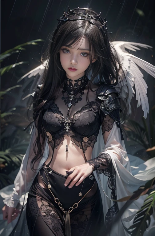 (masterpiece:1.3), (8k, Realistic, RAW Photos, Best image quality: 1.4), Fair-skinned fairy woman、blow long hair、Hair blowing in the wind、Cleavage:2.0、Highly detailed face、Attention to detail、double eyelid、Chest to chest、Sharp focus:1.2、Beautiful woman:1.4、 Brunette Hair、Highest quality、masterpiece、Ultra-high resolution、(Realistic:1.4)、Highly detailed and professionally lit smiles, Gothic Costume、Dark Street ,Shoulder out、thin、Serious expression、black goth fashion：1.2 , Short-haired、Deadly position, Gorgeous Necklace , One person、whole body, Giant black angel wings on the latissimus dorsi、Rainy , Yellow Eyes、both hands, Perfect Fingers.