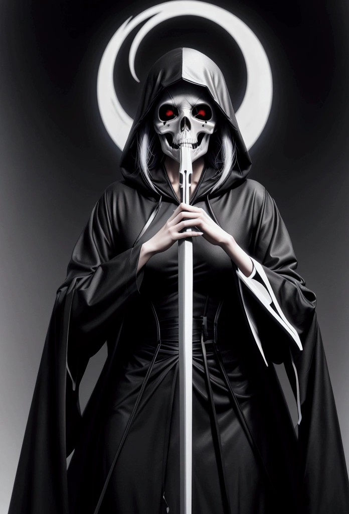 digital art, anime of beautiful girl as The Death, The death in black hoodie cloack, long robe, iconic stance, skull face, long white hair, holding scythe in hand, best quality, close up,  a gradient movement of transition color background, dark moon background