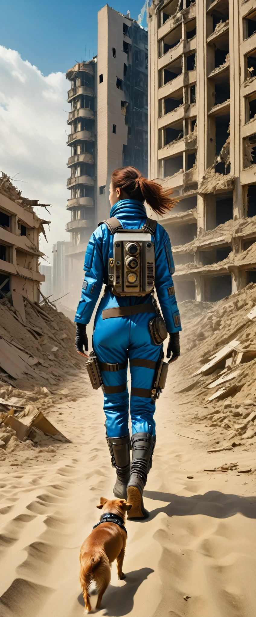 Highest quality,(masterpiece:1.2),Ultra-high resolution,RAW color photos,8k,Vast landscape photography,Realistic photos,Elaborate photos,(From the back:1.5),(From below:1.2),(((fall out,Retro-future,cyber punk))),(Woman in a blue Vault suit,Exploring a city devastated by nuclear war,In front of me stands a dilapidated high-rise building.),(Accompanied by a small dog),(Sand Dust:1.2),Written boundary depth,Wide Light,Low contrast,Backlight,Sharp focus,Vibrant colors,moving composition