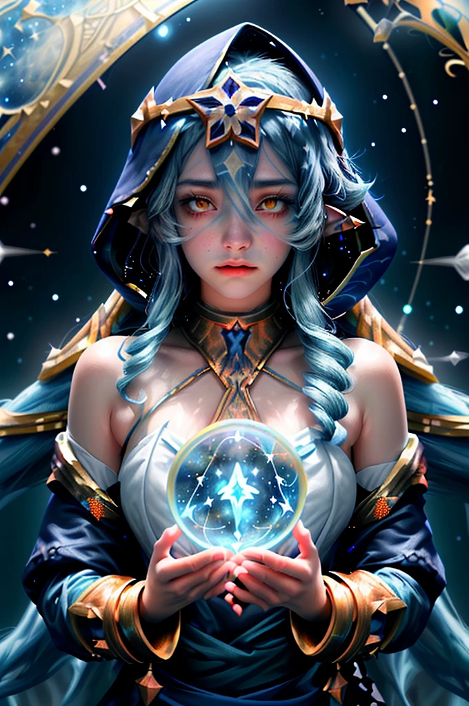 (1 girl solo, long flowy blue hair, yellow eyes, blue and white clothes, white leggings, blue hood, golden details and accessories, bare shoulders) ((portrait closeup shot, floating in space)) (masterpiece), (best quality:1.4), absurdres, [:intricate details:0.2], 1girl, Flowing robes, intricate magical circles, glowing map of the stars and constellations and galaxies, shimmering aura, intense focus, arcane incantations, crackling energy, levitating artifacts, flickering candles, swirling mist, sparkling stars, mystical crystals, glowing sigils, otherworldly chanting, mysterious symbols, powerful invocation, transcendent awareness, cinematic light, cinematic shot, dramatic shot, movie poster aestethic