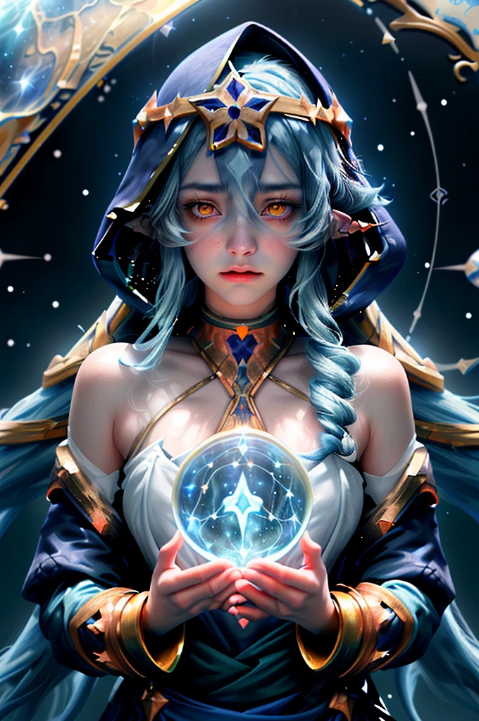 (1 girl solo, long flowy blue hair, yellow eyes, blue and white clothes, white leggings, blue hood, golden details and accessories, bare shoulders) ((portrait closeup shot, floating in space)) (masterpiece), (best quality:1.4), absurdres, [:intricate details:0.2], 1girl, Flowing robes, intricate magical circles, glowing map of the stars and constellations and galaxies, shimmering aura, intense focus, arcane incantations, crackling energy, levitating artifacts, flickering candles, swirling mist, sparkling stars, mystical crystals, glowing sigils, otherworldly chanting, mysterious symbols, powerful invocation, transcendent awareness, cinematic light, cinematic shot, dramatic shot, movie poster aestethic