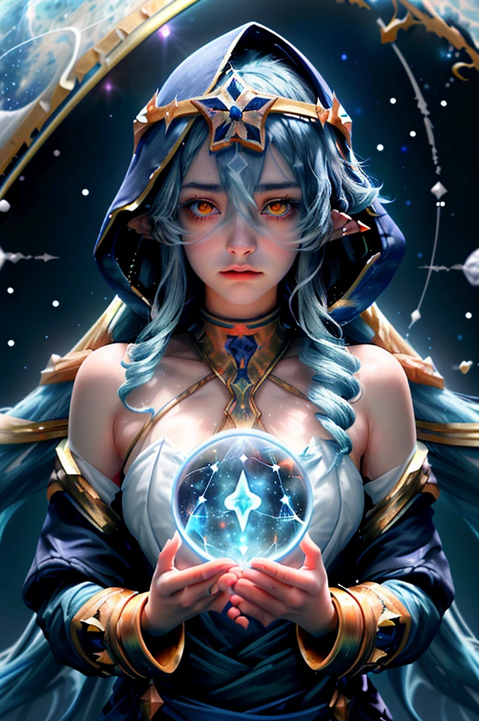 (1 girl solo, long flowy blue hair, yellow eyes, blue and white clothes, white leggings, blue hood, golden details and accessories, bare shoulders) ((portrait closeup shot, floating in space)) (masterpiece), (best quality:1.4), absurdres, [:intricate details:0.2], 1girl, Flowing robes, intricate magical circles, glowing map of the stars and constellations and galaxies, shimmering aura, intense focus, arcane incantations, crackling energy, levitating artifacts, flickering candles, swirling mist, sparkling stars, mystical crystals, glowing sigils, otherworldly chanting, mysterious symbols, powerful invocation, transcendent awareness, cinematic light, cinematic shot, dramatic shot, movie poster aestethic