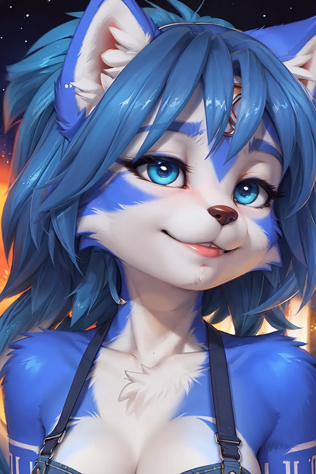 A beautiful and detailed (sweet portrait) wa ((krystal)), Star Fox krystal, sslim, green eyes, medium breasts, (((Long blue hair 1.3))), Decollete, look up, anthro, furry, Uploaded E621, detailed fluffy fur, (wa Fluff-Kevlar, Bayard Wu, personalize me, Pino Daeni), detailed face, (fluffy), 1 girl, alone, sweet girl, blue overalls, Viewers look at, smile,
