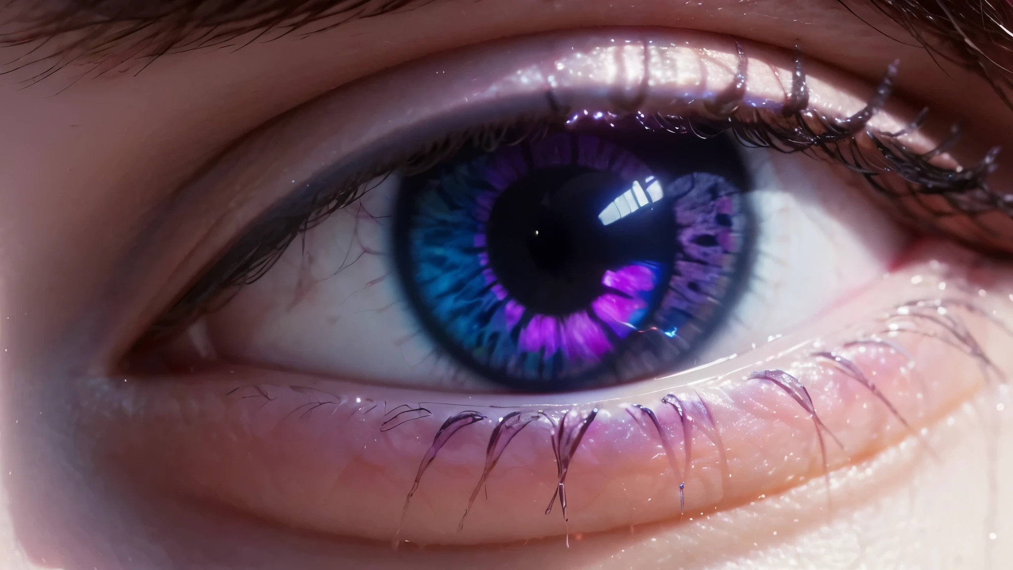 [Ultra-realistic] Super-zoomed close-up of purple eyes, dimly lit with neon lights reflecting off the person