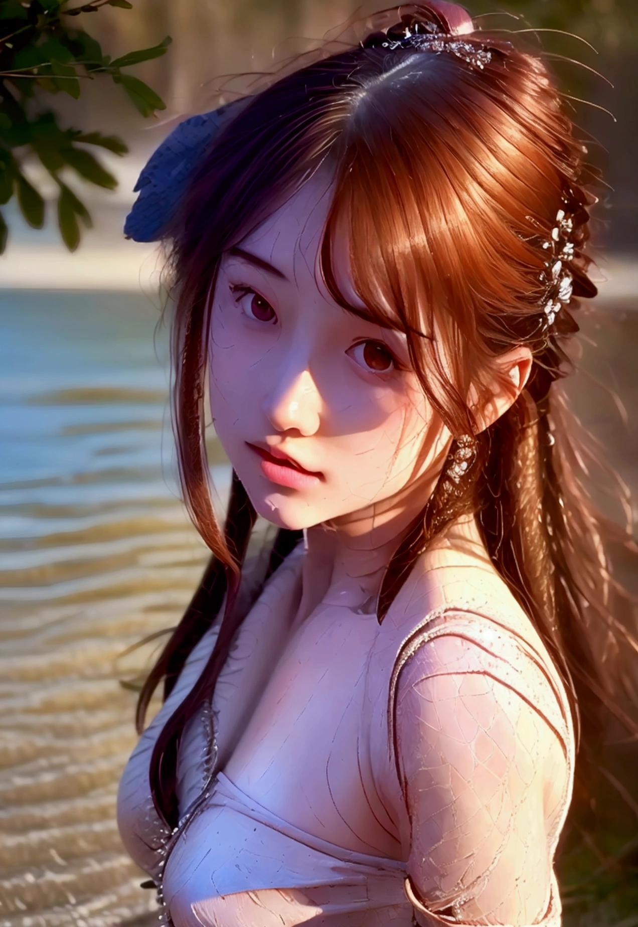 8k,Highest quality, masterpiece, Ultra-high resolution, (Realistic:1.4), RAW Photos, (Real skin texture:1.3), (Film Grain:1.3), (Selfie angle),One girl,Beautiful and detailed eyes and face,masterpiece, Highest quality,close,Upper Body,Angle from behind