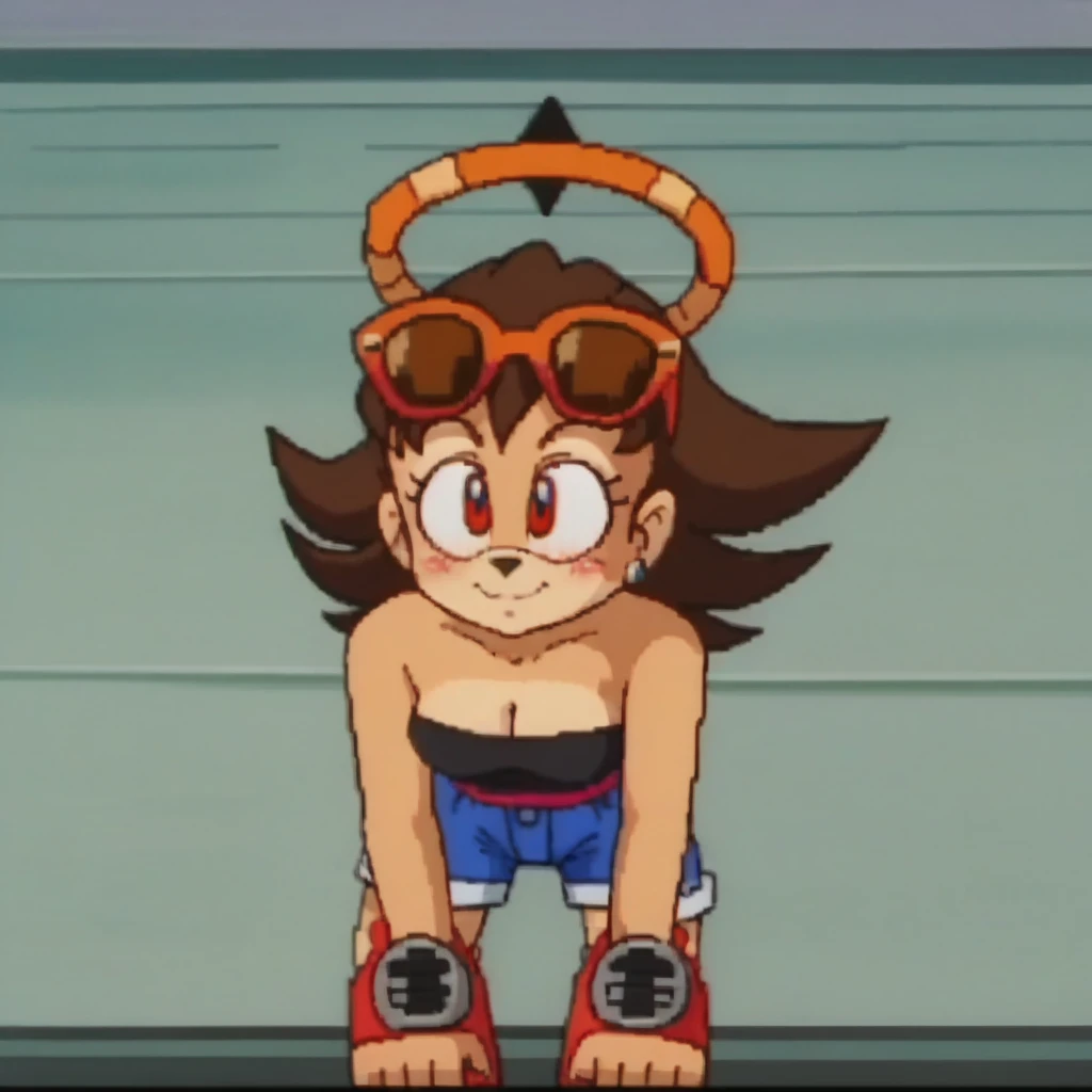 score_9, score_8_up, solo, mobian, hedgehog, two-tone fur ((orange fur, brown fur)), pyjama elastic shorts, strapless crop top, cleavage, high-top sneakers, two-tone hair (brown hair, black tip)), curly hair, halo, sunglasses, jewelry, red eyes, longeyelashes, red eyes, smile, shy, blush