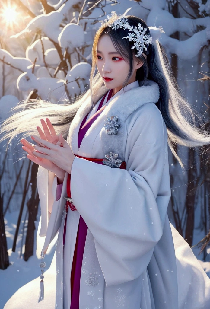 "Create a cinematic and realistic scene. A beautiful Japanese woman, embodying a Yuki-onna (snow woman), with striking red eyes, silver hair, and adorned in a white kimono and accessories. She is surrounded by a pack of silver wolves that protect her. The woman has a cool expression as she performs a graceful dance amidst falling snow. Capture the movement of her swirling kimono and flowing hair. The setting is at sunrise, with a glowing sun and softly falling, shimmering snow. The background shows the Yuki-onna performing a dynamic snow dance in the snow-covered landscape. The composition features the full body of the woman, surrounded by wolves, in an energetic and lively moment. Ultra-realistic, highly detailed 3D rendering with vibrant colors."