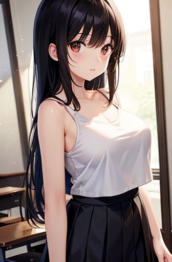 Highest quality, Japanese、Brown eyes、thin、expensive、8k、girl, High resolution,Black Hair、Long Hair、classroom、(White camisole)、(Black Skirt)、Standing position、Left facing,Big Breasts