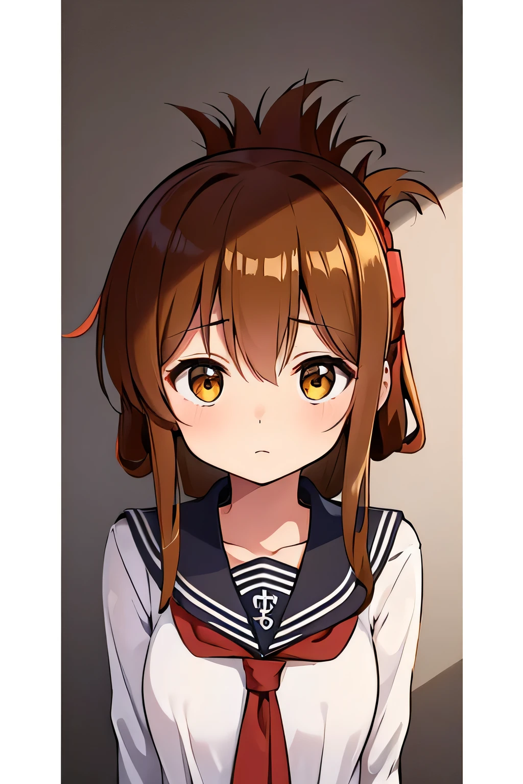 (masterpiece, best quality:1.2),illustration,8k,HD,1girl,solo,upper body,(portrait:1.2),brown_hair,folded_ponytail,brown_eyes,serafuku,long_hair,school_uniform,skirt,pleated_skirt,(masterpiece, Highest quality:1.2),shape,8k,High resolution,1 Girl,alone,brown_hair,Folded_ponytail,brown_eye,Seraphim,length_hair,School_uniform,White bikini bottoms,Are standing、Facing forward.