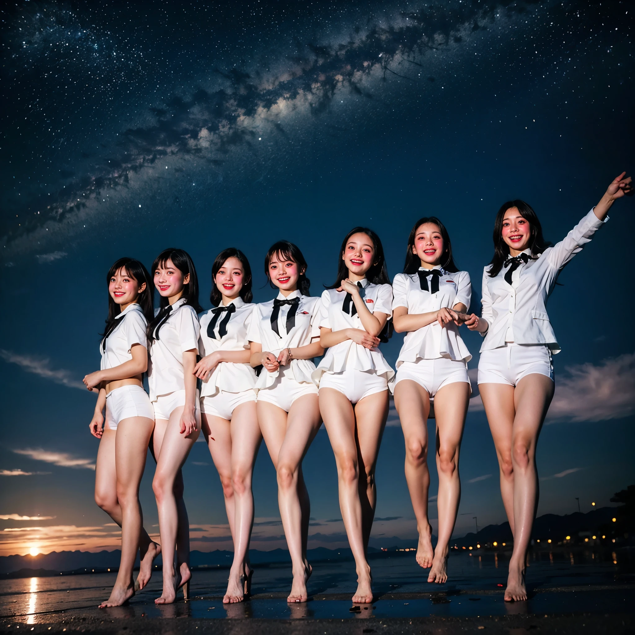 Masterpiece of ProfessionalPhoto ((ExtremelyDetailed (12 PICHIPICHI KAWAII Girls Floating in The Air in a row:1.37) in WHITE at Dusk Enoshima Beach)), {(Standing Full Body:1.2)|(from below:1.2)|Detailed KAWAII face}, Different types of hair colors, {(skinny(school swimwear))|(SchoolUniform)with Skinny AthleticShorts}, {(Corrected Childish hand)|Hidden hand|Different types of breasts|(Clearly Visible the shape of Butt)}, Joyful Expressions LifeLike Rendering, Detailed clothing texture, PerfectLighting, (Dazzling Horizon Visible through ThighGap), (Starry IridescentParticles:1.22) ColorfulClouds