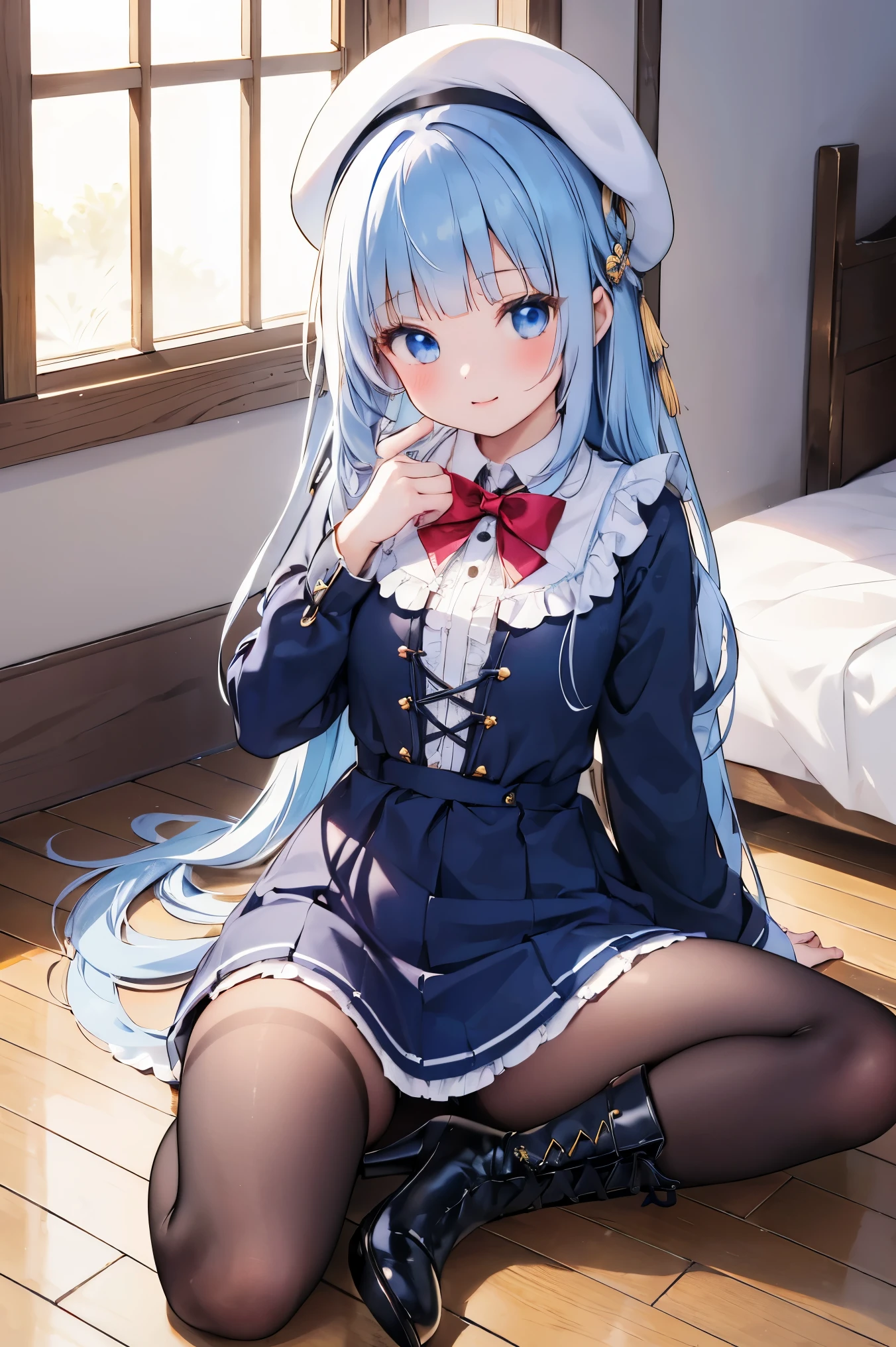  , 1girl, boots, white pantyhose, blue eyes, pantyhose, solo, hat, bangs, kamisato ayaka, sitting, long sleeves, braid, dress, looking at viewer, blue hair, blunt bangs, brown footwear, smile, flower, hair ornament, bug, butterfly, bow, frills, blue dress, cross-laced footwear, closed mouth, hair flower, beret, high heel boots, shirt, wooden floor, lace-up boots, boots removed, white shirt, photo \(object\), full body, high heels、足を開く、pussy,dildo