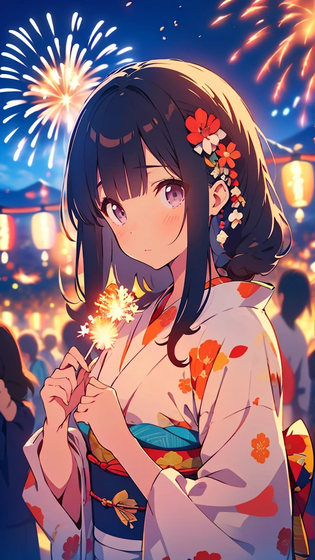 ((masterpiece)), ((best quality)), perfect detailed eyes, perfect detailed face, ultra-detailed nose, Summer festival, yukata, traditional Japanese clothing, fireworks bursting into the night sky, fireworks, black hair, blunt bangs, cowboy shot