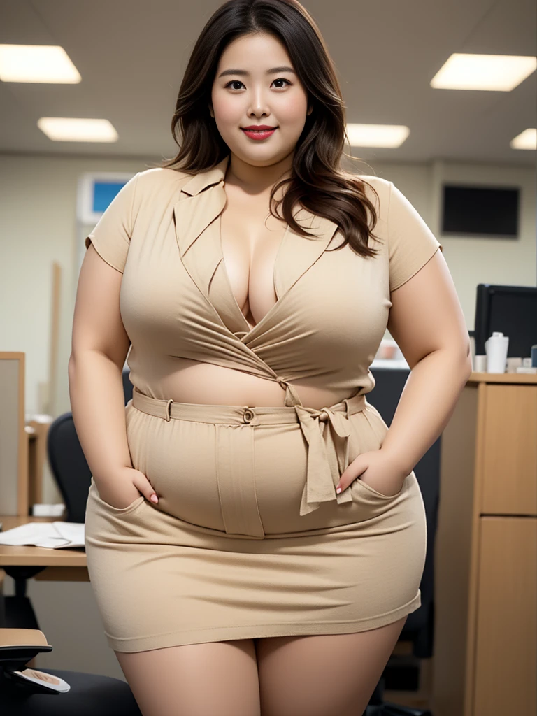 ((masterpiece))、((Realistic depiction))、High resolution、obese japanese woman、Super big breasts、H Cup、Height: 175cm、Very fat woman、A fat woman wearing an open white collared blouse、Beige bra、Grey skirt with slit、Beige panties、Very shy、Smiling、An empty office of a large company , Very big ass, Dimly lit office、She is wearing light brown pumps、