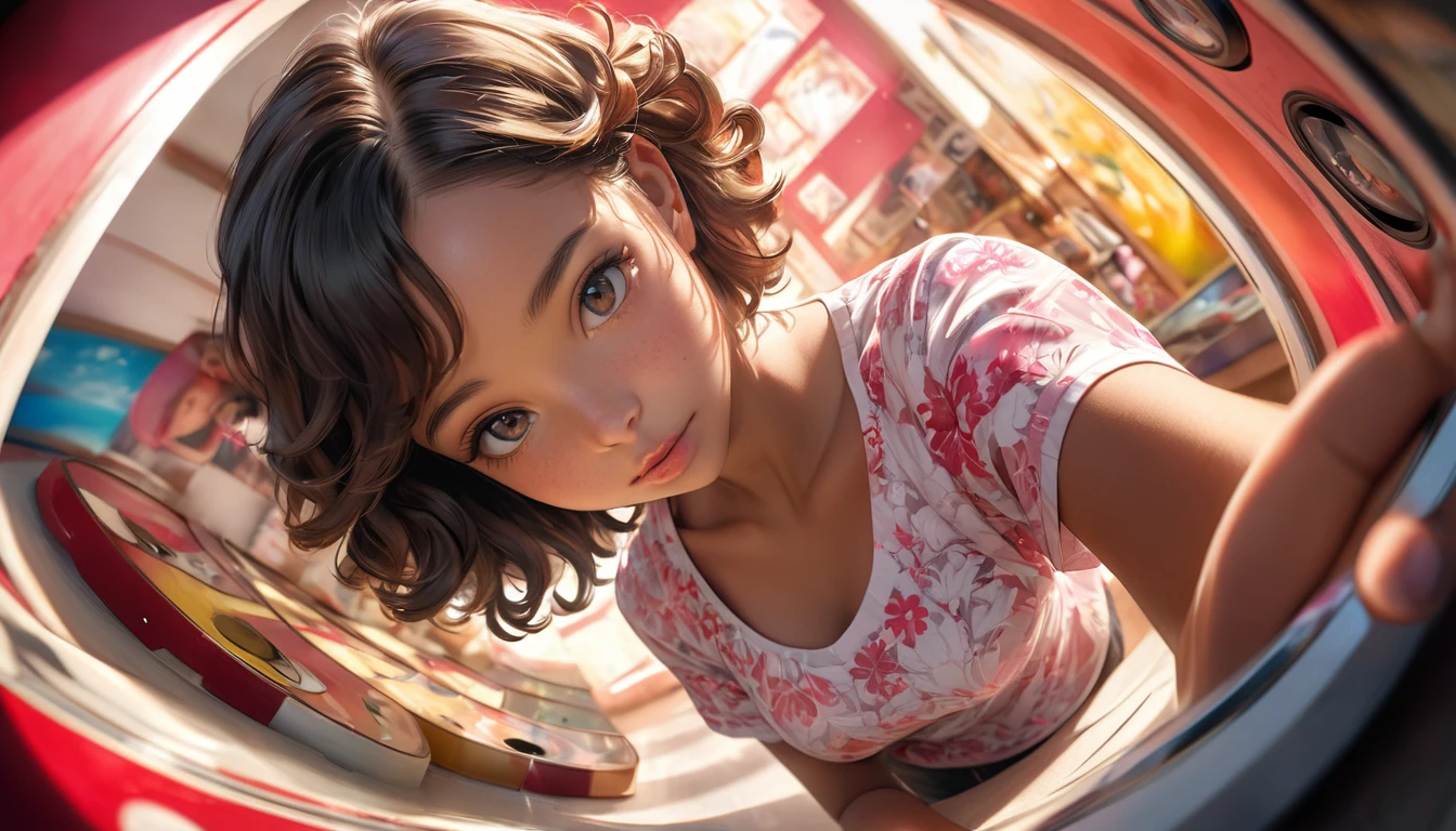 malagasy age, short hair, curly, brune,wearing pink white floral shirt, short sleeve, (wide angle), (top_view_perspective:1.3), good hand, high-res, perfect hands, top-quality, Photorealistic, A realistic photo, realistic hands, perfectly symmetrical face, detailed skin, vivid colours, wide angle lens, HDR, hard shadows, art photography, soft focus, masterpiece, breathtaking, atmospheric perspective, diffusion, pore correlation, skin imperfections, 80mm Sigma f2, depth of field, intricate natural red lighting, wide angle, 50s juke-box



