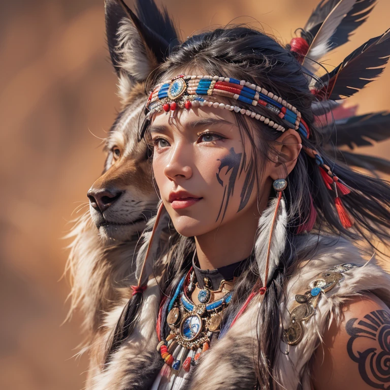 At the Grand Canyon、Hair Flow、 ((Highest quality、masterpiece、8k、Best image quality、Ultra-high resolution、Award-winning works)、(Accurate anatomy:1.1)、(Look at me and smile:1.1)、Shining fair skin with Ultra-high resolution、The most detailed face、Ultra-high resolution detailed face、Ultra-high resolutionの髪の毛、(Ultra-high resolutionの煌めく瞳:1.1)、Beautiful face drawn in every detail、(Blurred Background:1.1)、Native American Costume, American Indian Clothing, Chest to chest, tattoo、A real giant condor next to you。The wolf is watching