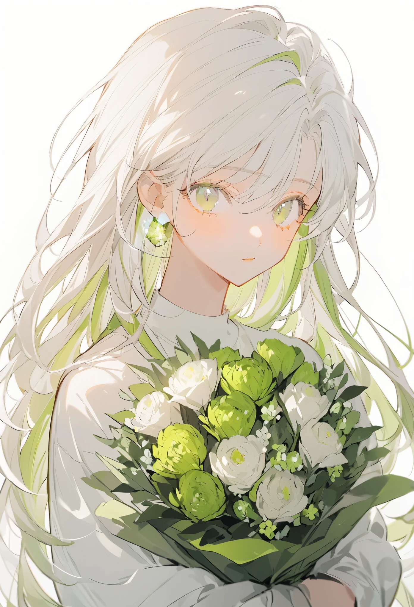 Soft lines、girl、White Hair、Straight Long Hair、((((Hold Light Green Bouquet))))、💐💐💐💐💐💐💐💐💐💐💐、Upper Body、whiteＴshirt、White Background、front、look at me