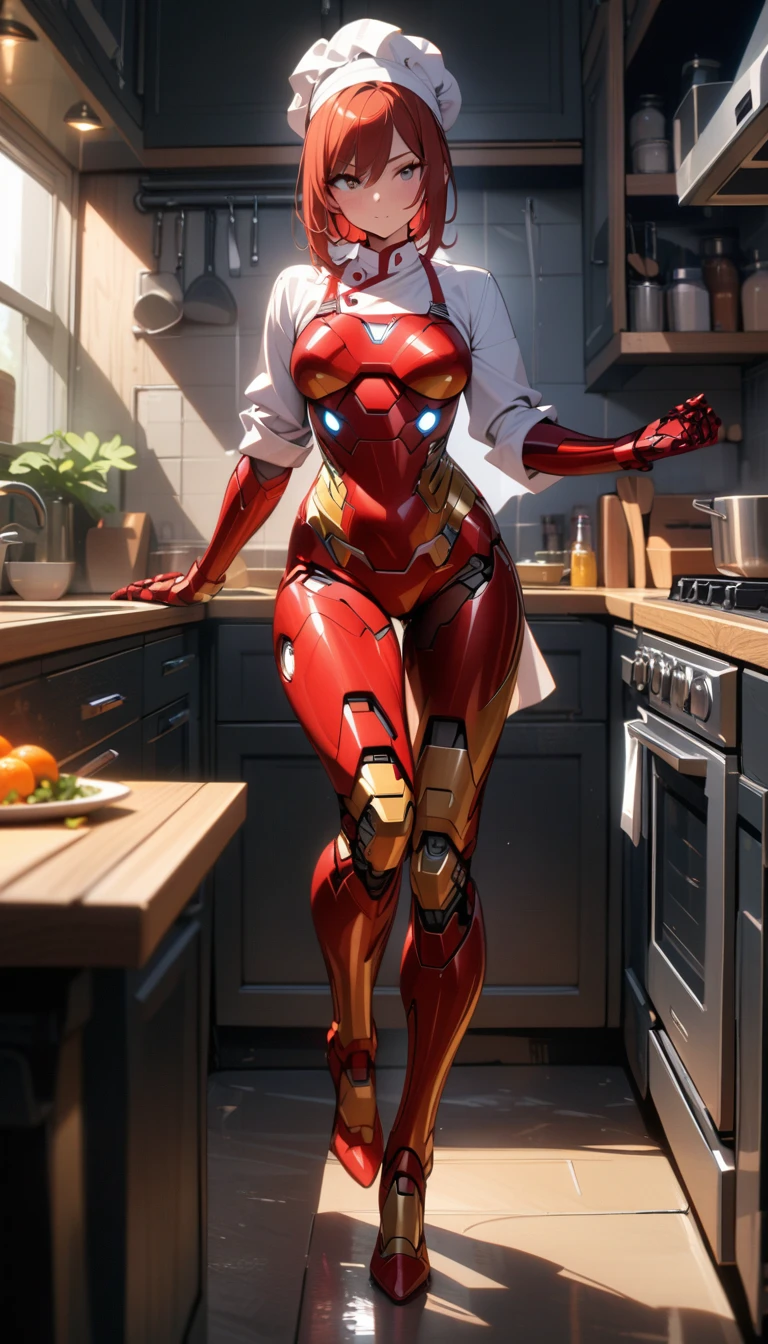 ((best quality)) , ((masterpiece)) , (detailed),1 female,(((iron Man))),kitchen,Female chef,High heel,((whole body))