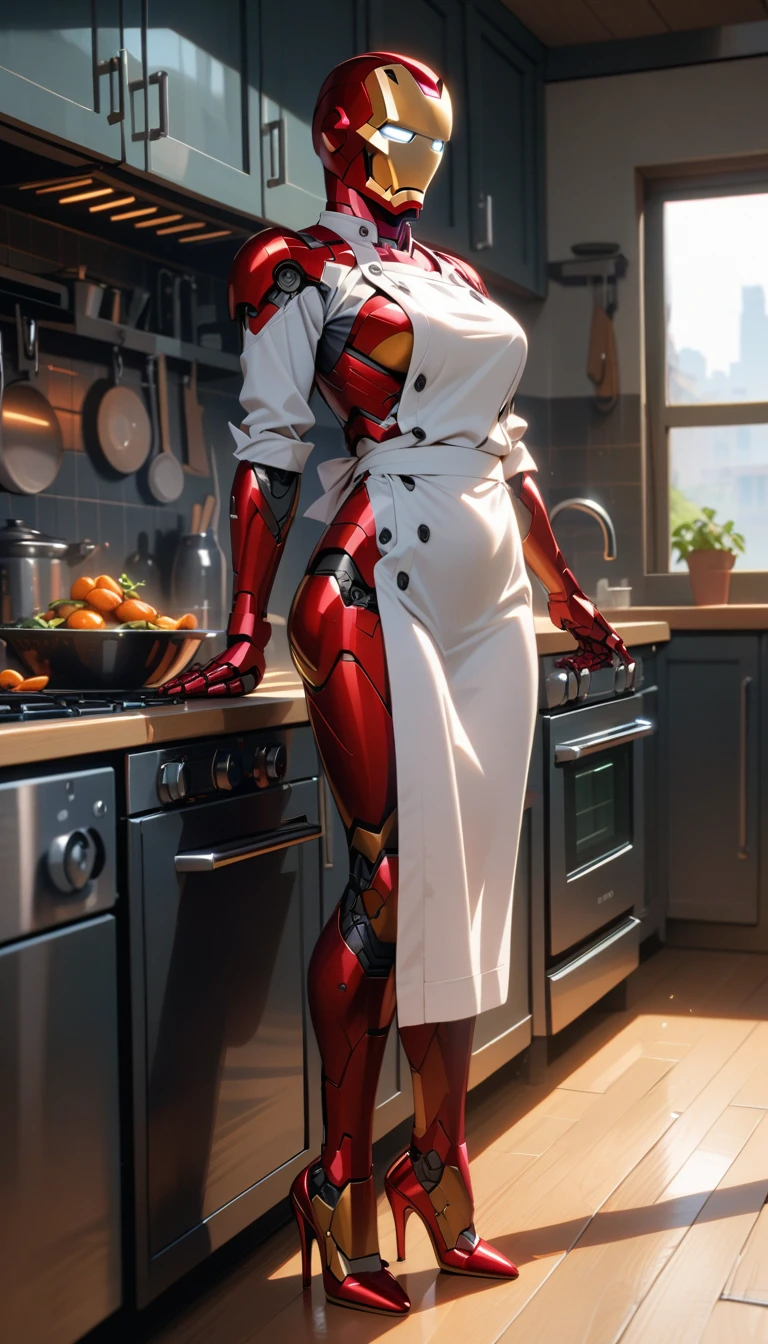((best quality)) , ((masterpiece)) , (detailed),1 female,(((iron Man))),kitchen,Female chef,High heel,((whole body))