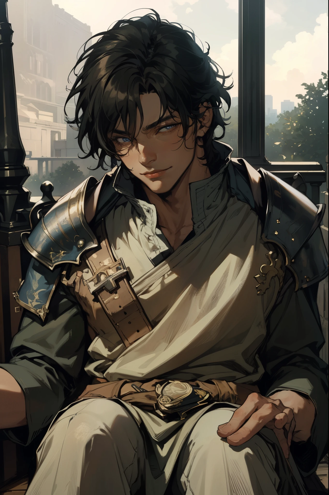 (absurdities, High Resolutions, ultra detailed, HDR), Masterpiece, The best quality, final fantasy xvi, clive rosfield, 1man only, handsome, short hair, black hair, vibrant blue eyes, fine eyes and detailed face, armor, ((Intricate weapon)), Sitting on the throne, legs open, affected smile, annoying.