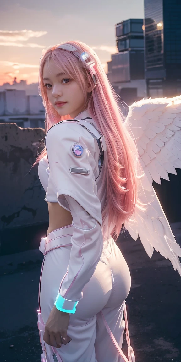 ((masterpiece, best quality, extremely detailed), volumetric lighting, ambient occlusion, colorful, glowing), 
1girl, solo, young girl, (pink hair), long hair, halo, aura, sacred, godness, cyber suit, (white outfit:1.3), android, bot, angel wings,
outdoors, sunset, sky, clouds, space, (cyberpunk theme:1.2),