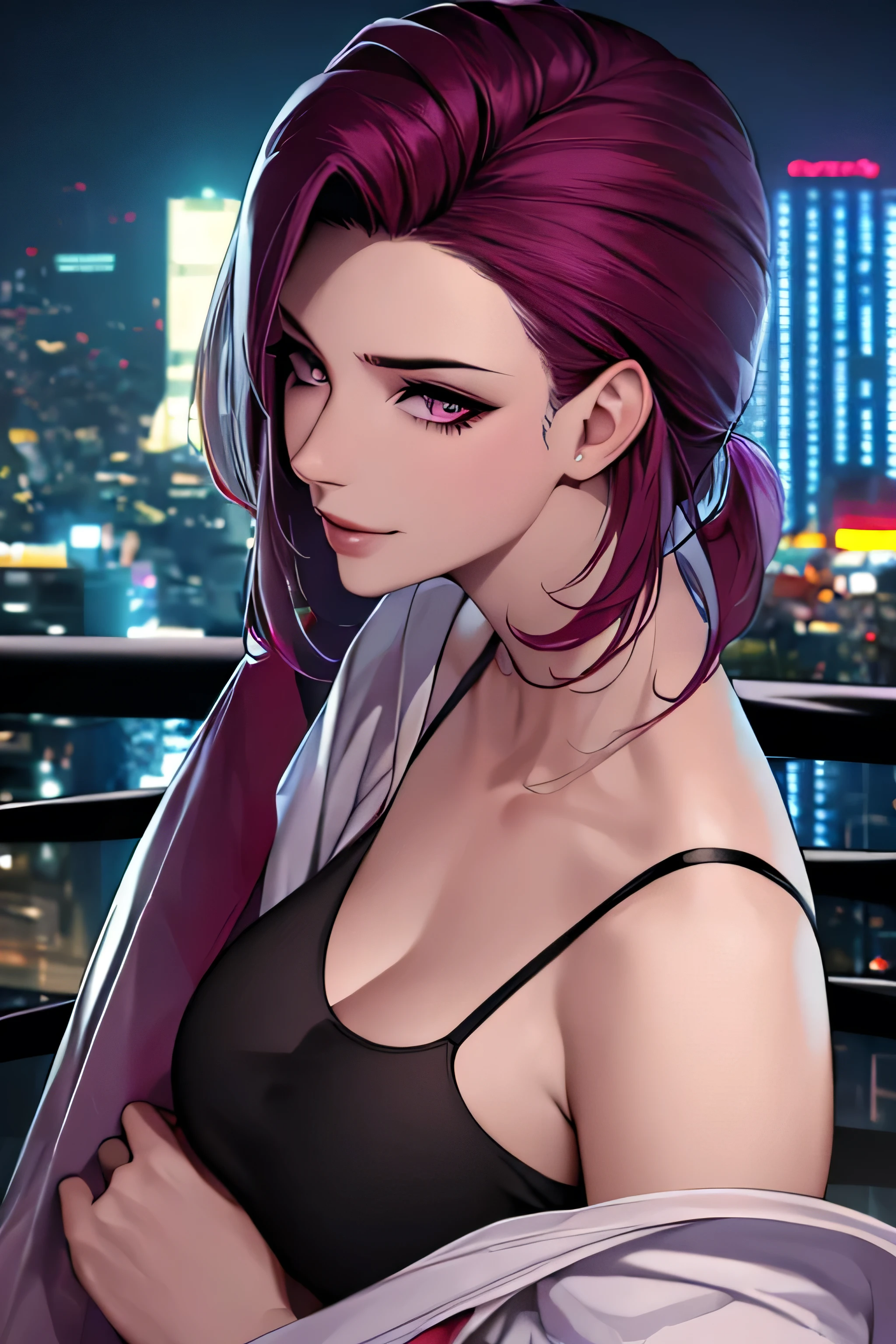 1girl,
(best quality, 4k, 8k, highres, masterpiece:1.2), ultra-detailed, (mid-twenty,solo_female,nightgown, straight_hair,collarbone,(masterpiece,best quality), black sports bra, boxing gloves,magenta hair,face_focus,smirk,hair pulled back,hair_pulled_back,milf,mature_woman,hair_pulled_back,city background,neon city background , cityscape