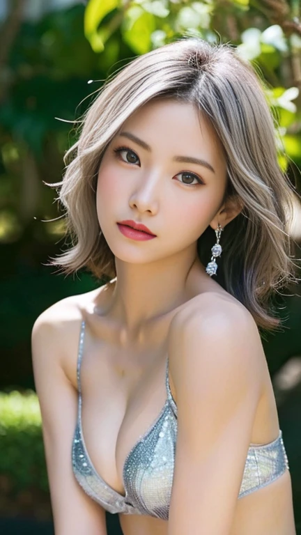 Anime-style woman, thin, thin, whole body, Full of tattoos, Lots of earrings, Beautiful and shiny hair, Rainbow Eyes, Slanted Eyes, Wavy silver hair, Kind and charming, shoulderを露出させる, Delicate and sexy collarbone, Attractive oval face, double eyelid, Pink Lips, Small Nose, Concentrated face, Ultra-high resolution, Very detailed, Graceful posture, Nice, ultra-thin,whole body,arm,shoulder,chest,Body art paint with black tape on genitals, Glowing Skin, Realistic Background, sunlight,Sunburned, Sunburn,Burning idol pose,Rhinestone pattern on the body