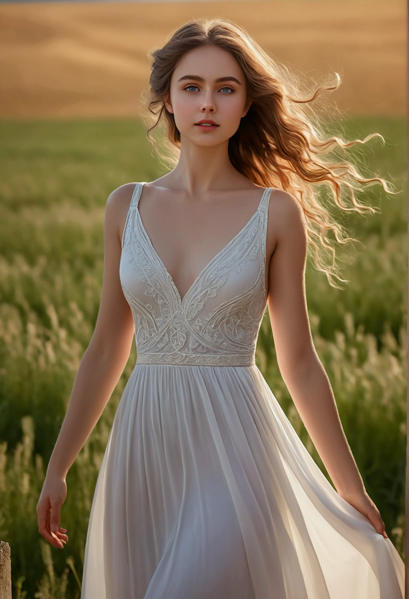 A young woman, long flowing white dress, serene field, beautiful detailed eyes, delicate facial features, elegant posture, photorealistic, 8k, masterpiece, ultra-detailed, realistic, vivid colors, natural lighting, ethereal, serene, tranquil