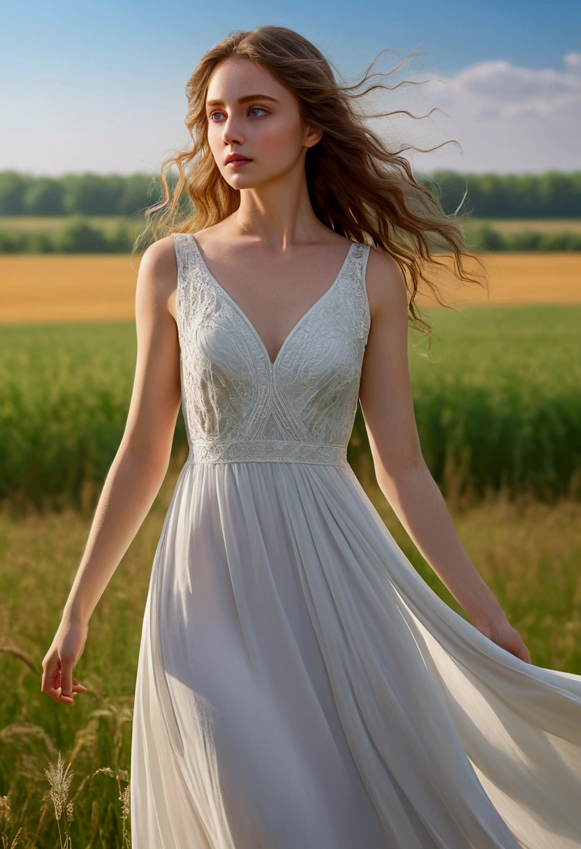 A young woman, long flowing white dress, serene field, beautiful detailed eyes, delicate facial features, elegant posture, photorealistic, 8k, masterpiece, ultra-detailed, realistic, vivid colors, natural lighting, ethereal, serene, tranquil