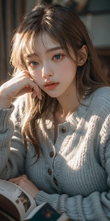 RAW photo, dynamic angle, highly detailed, soft light, 1girl, pale skin, korean, 14 years old, sad, sad face, crying, long brown hair, hair tied, blue eyes, glassy eyes, freckles, white sweater, short pants, white stocking, v-shaped eyebrows, sit on bed, glowing light, god rays, 8k, masterpiece