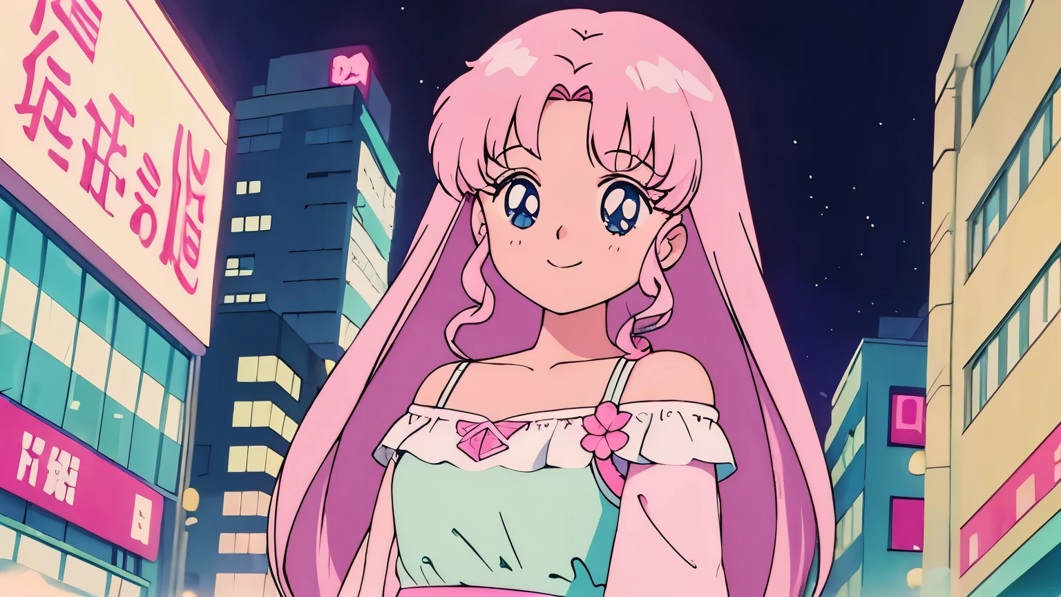 Highest quality,smile,girl,cute,Long Hair,Pink Hair,Light blue eyes,Off-the-shoulder dress,M,Background night city,