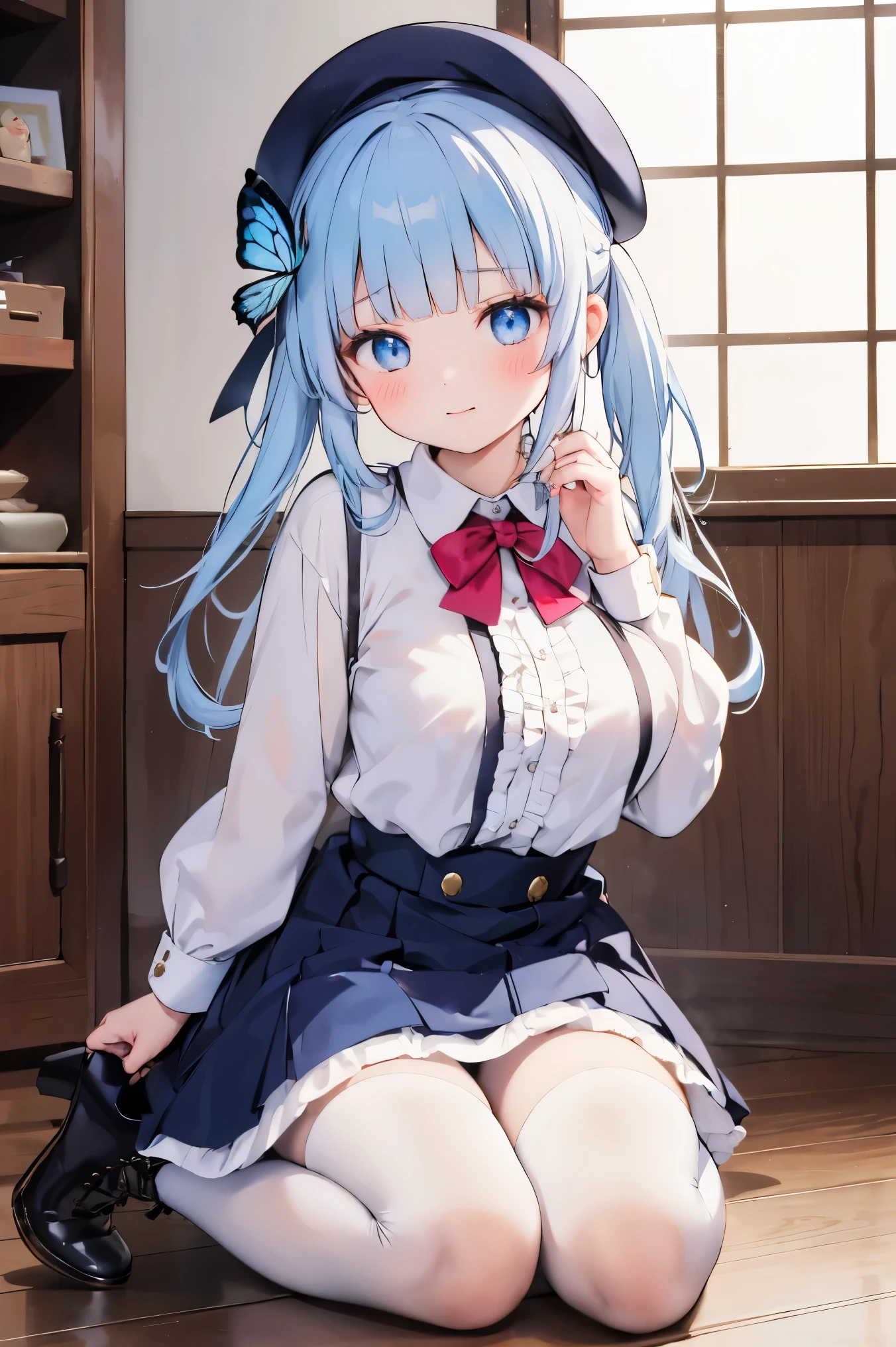 , 1girl, boots, white pantyhose, blue eyes, pantyhose, solo, hat, bangs, kamisato ayaka, sitting, long sleeves, braid, dress, looking at viewer, blue hair, blunt bangs, brown footwear, smile, flower, hair ornament, bug, butterfly, bow, frills, blue dress, cross-laced footwear, closed mouth, hair flower, beret, high heel boots, shirt, wooden floor, lace-up boots, boots removed, white shirt, photo \(object\), full body, high heels、足を開く、pussy,dildo