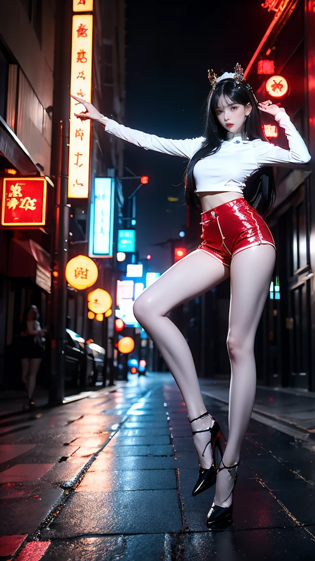 masterpiece,best quality,high resolution, 1 Girl,From below,(The legs are very thin and straight)，,(Very long legs，Straight Legs),,High heel,Long Law,stand up, From the front，Very long legs, Perfect body,Have perfect legs,(Exterior)，Full Body Love，Cyberpunk characters，Dynamic poses，1 Girl，Exquisite eyes，Brown eyes，Eyeshadow，make up，White hair， Delicate face， Delicate eyes， Looking at the audience， Blush\（make up\）， Full lips， Red lips，（White hair：1.3）， （stand up）Mechanical static，Mechanical Summoning，(Hair accessories:1.1)，Headgear，((((Red ，Short shorts))))，(black)，City，Luminous winding，，Cyberpunk Lights:1.1)，Neon lights，Full of mechanical and futuristic elements，technology，背景是中国传统street，Chinatown， street， sky sky， Cyberpunk characters， paper lantern， Neon Super Resolution，（realism：1.3），1（Slim：1.2），Dramatic Lighting，Vivid details，Luxury Cyberpunk，Complex background，Octane Rendering，