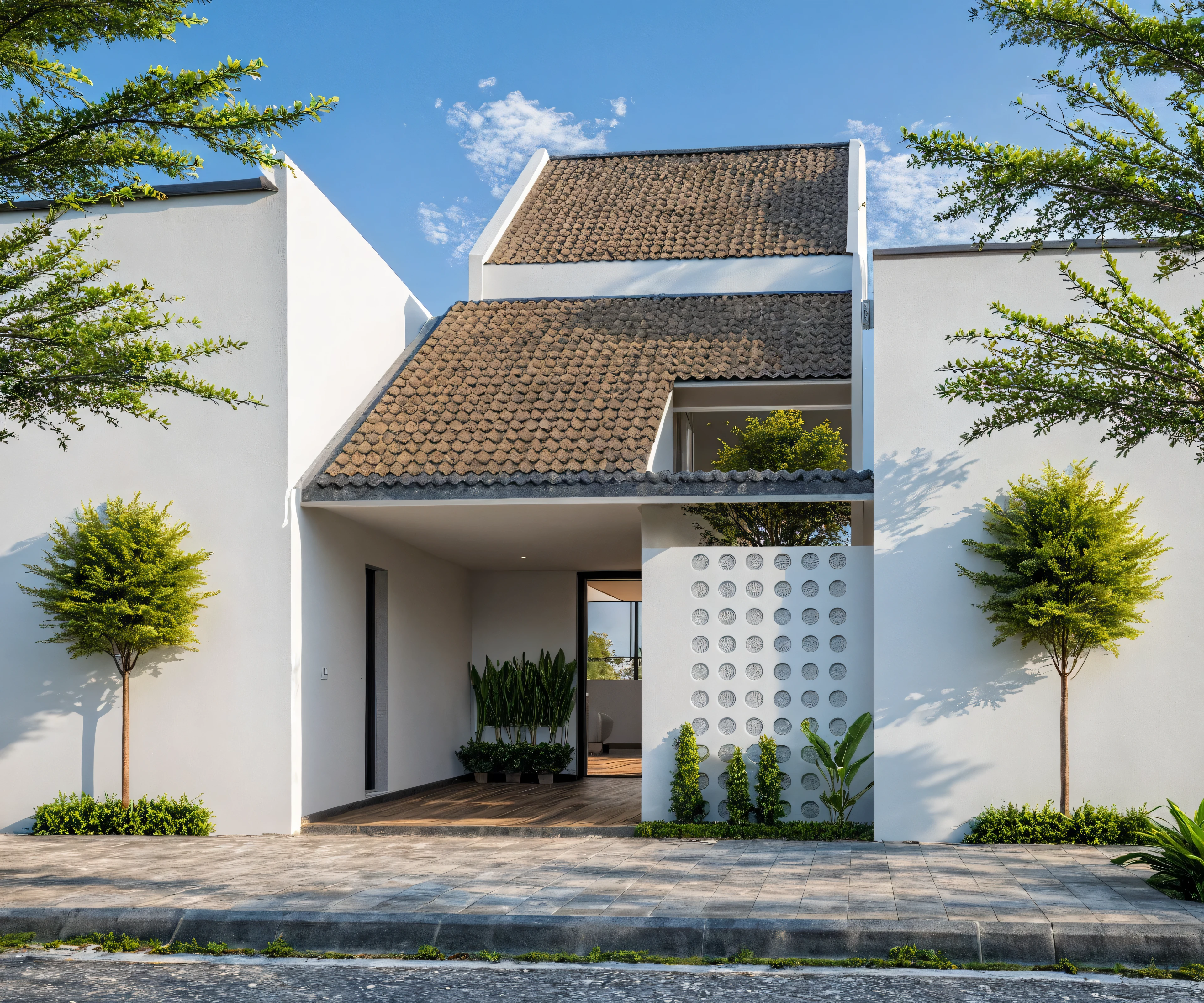 Masterpiece, high quality, best quality, authentic, super detail, outdoors, onestoreyvillaXL, aiaigroup, house style modern on the street ,stairs, white wall ,road,pavement, grass, trees, sky, cloud, pool, (daylight:1.1)
