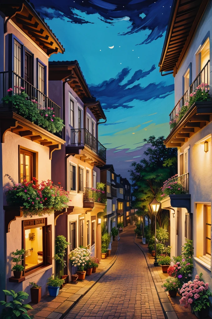 A gouache painting of a fantastical street with one house and a balcony and streetlight and a garden with flowers at dusk
