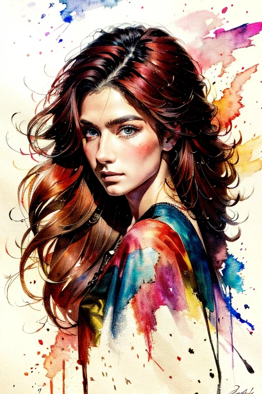 High Quality illustration, ultra detailed Beautiful picture of A painting of a beauty with long red hair, wild dinamic , hyperdetailed, cinematic shot, haze lighting, 35mm,16k, uhd, zhibi, masterpiece, watercolor, ink, sketch, colorful, pantyhose